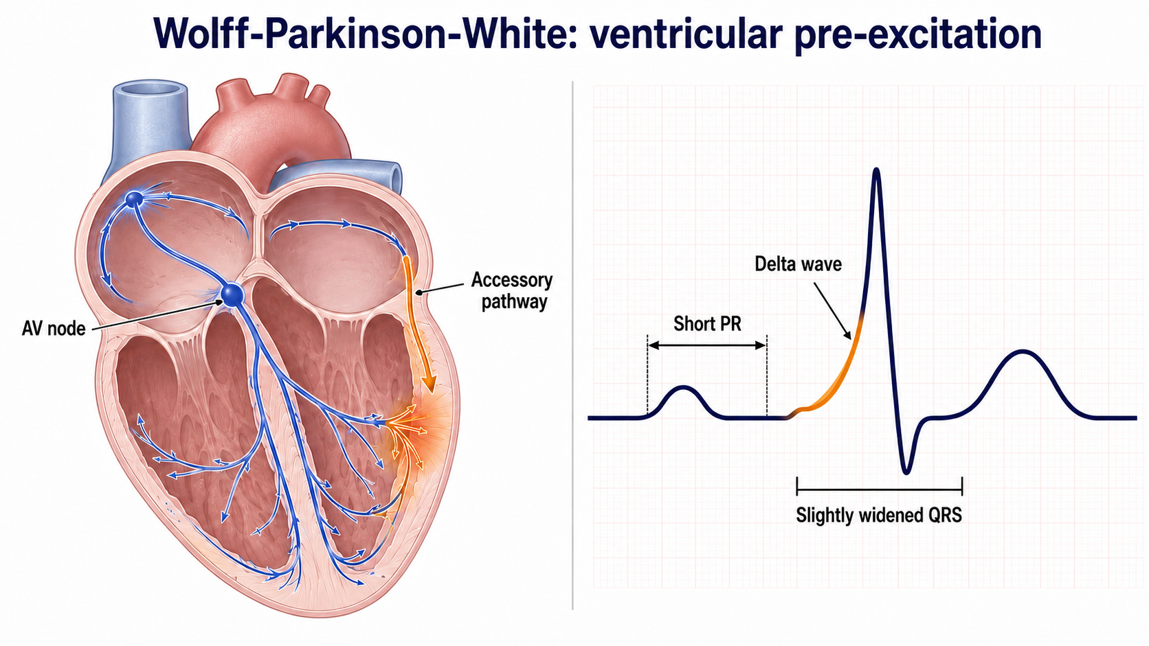 Teaching diagram of Wolff-Parkinson-White ventricular pre-excitation showing an accessory pathway, short PR interval and delta wave